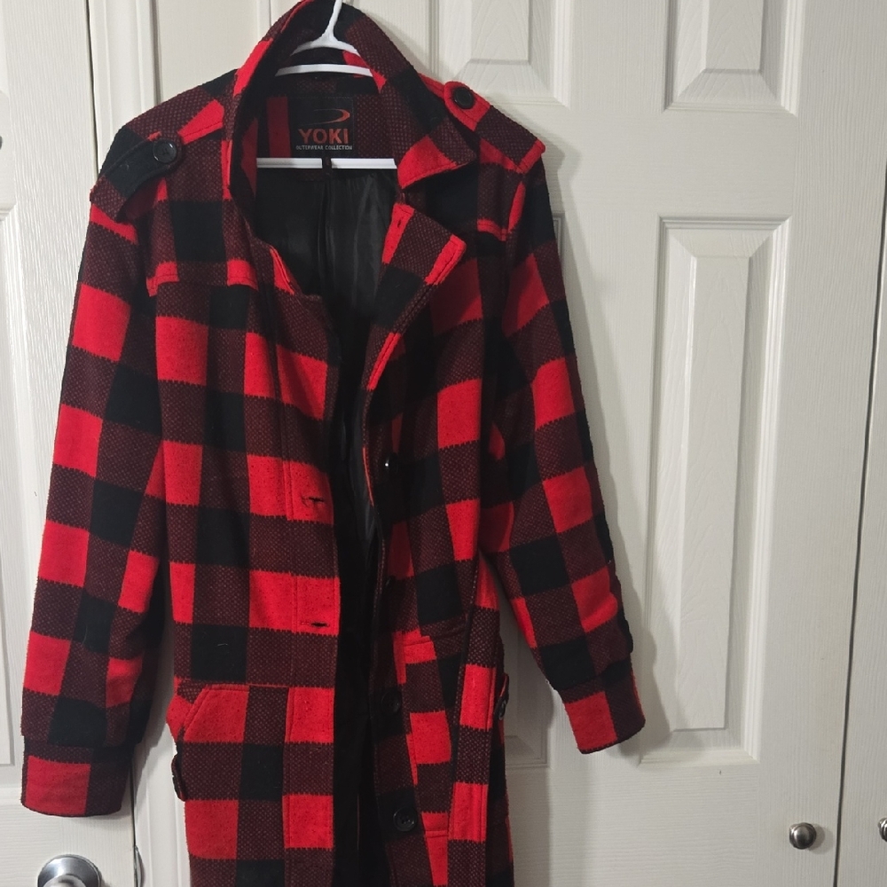 Yoki Red and Black Checkered Trench Coat